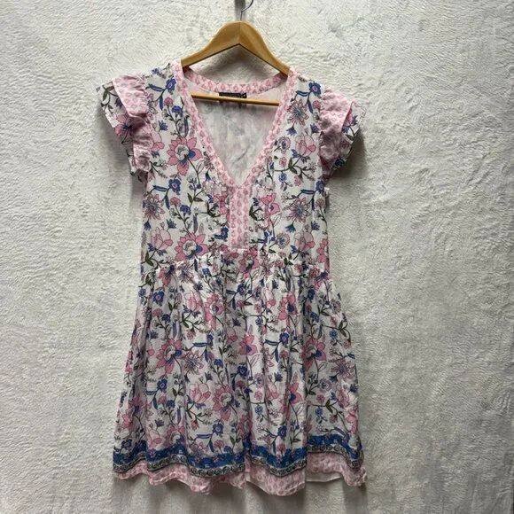 Vineyard Vines Martha's Mini Dress Womens Medium Pink Blue Floral Flutter Sleeve - Picture 2 of 7